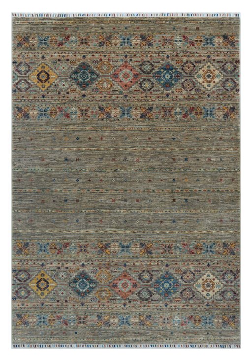 Full view of New Samarkand rug from Pakistan, 239 × 169 cm in Gray tones