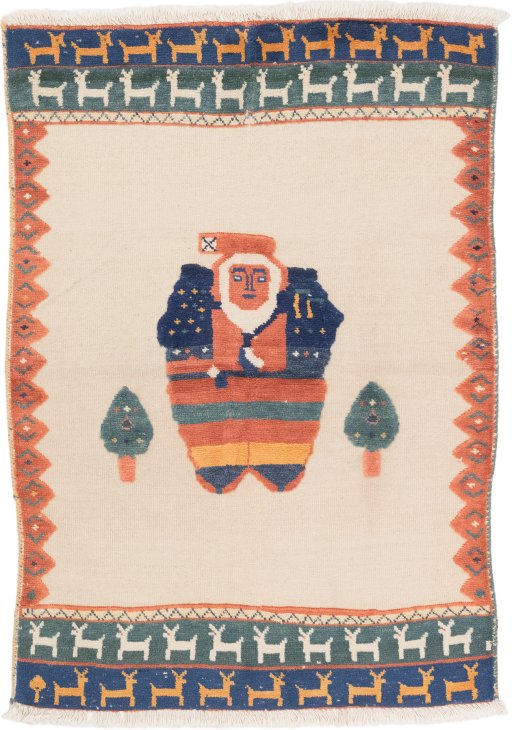 Full view of New Kilim Gabbeh rug from Iran / Persia, 168 × 117 cm in Cream tones