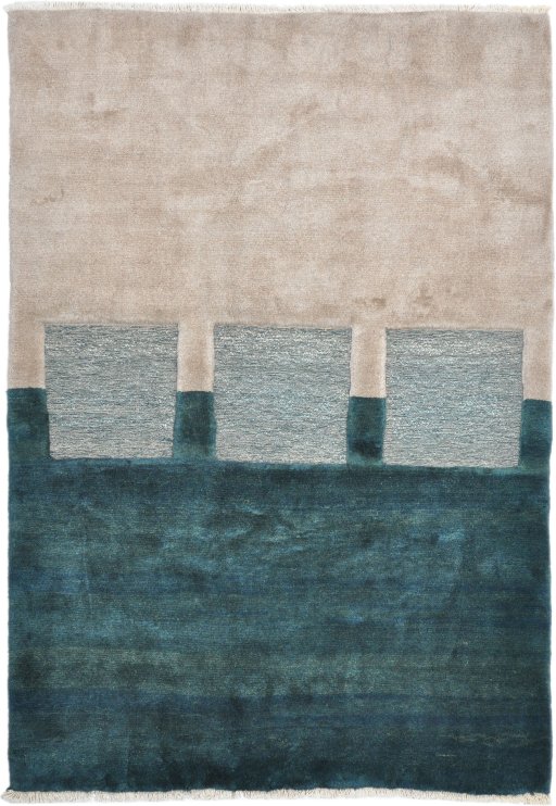 Full view of 1980s Kilim Gabbeh rug from Iran / Persia, 264 × 188 cm in Dark blue tones