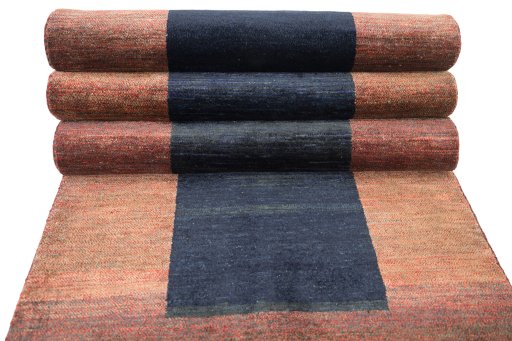 Full view of New Persian Gabbeh rug from Iran / Persia, 294 × 81 cm in Dark blue tones