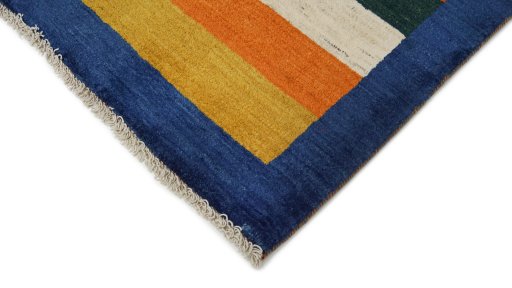 Backside of handmade New Persian Gabbeh rug showing knot structure and weave density
