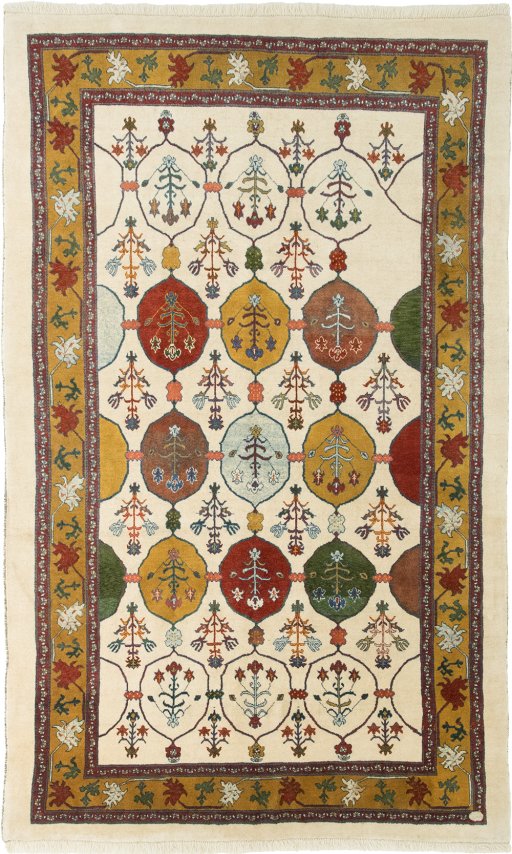 Full view of New Persian Gabbeh rug from Iran / Persia, 273 × 166 cm in Cream tones