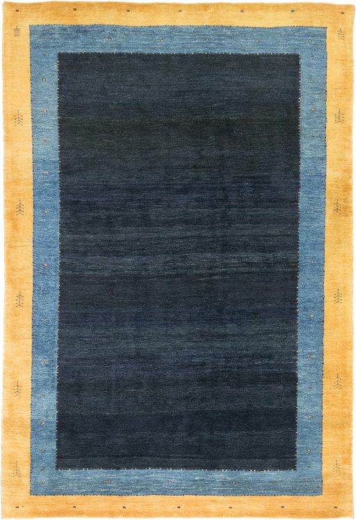 Full view of New Persian Gabbeh rug from Iran / Persia, 296 × 202 cm in Dark blue tones