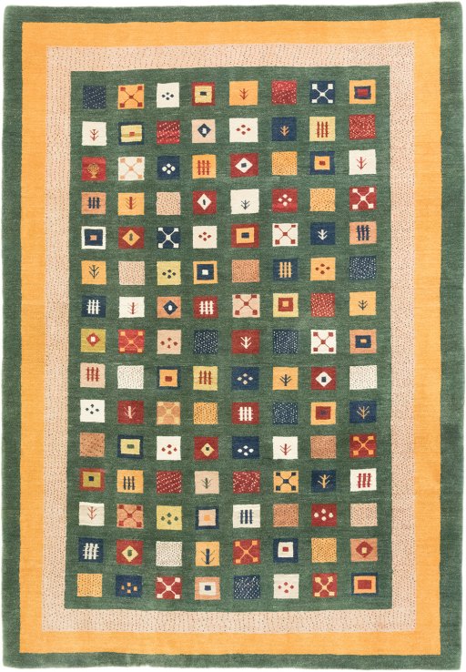 Full view of New Persian Gabbeh rug from Iran / Persia, 295 × 206 cm in Green tones