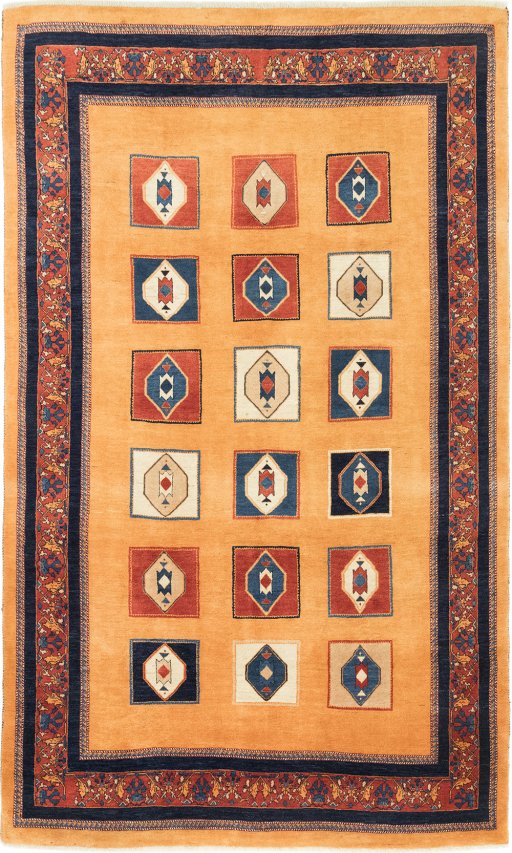 Full view of New Persian Gabbeh rug from Iran / Persia, 328 × 198 cm in Terracotta tones