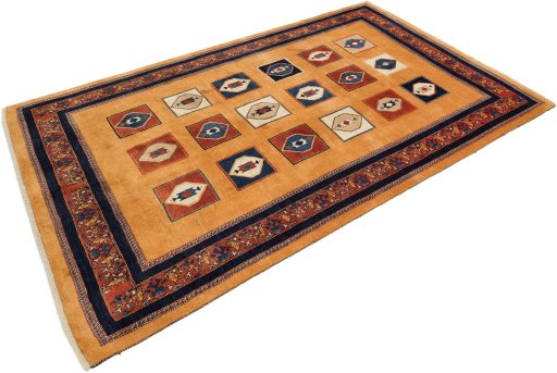 Corner detail of New Persian Gabbeh rug showing border pattern and Wool pile