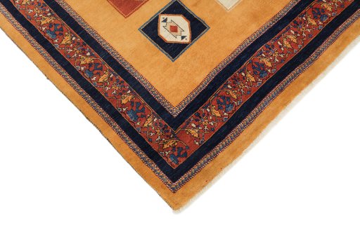 Backside of handmade New Persian Gabbeh rug showing knot structure and weave density