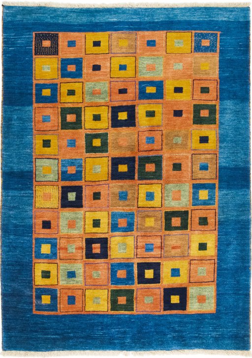 Full view of 2000s Persian Gabbeh rug from Iran / Persia, 239 × 175 cm in Multi Color tones
