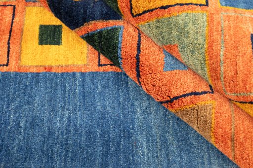 Full view of 2000s Persian Gabbeh rug from Iran / Persia, 239 × 175 cm in Multi Color tones
