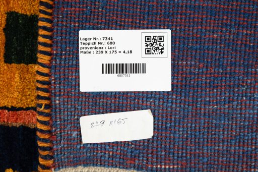 Corner detail of 2000s Persian Gabbeh rug showing border pattern and Wool pile