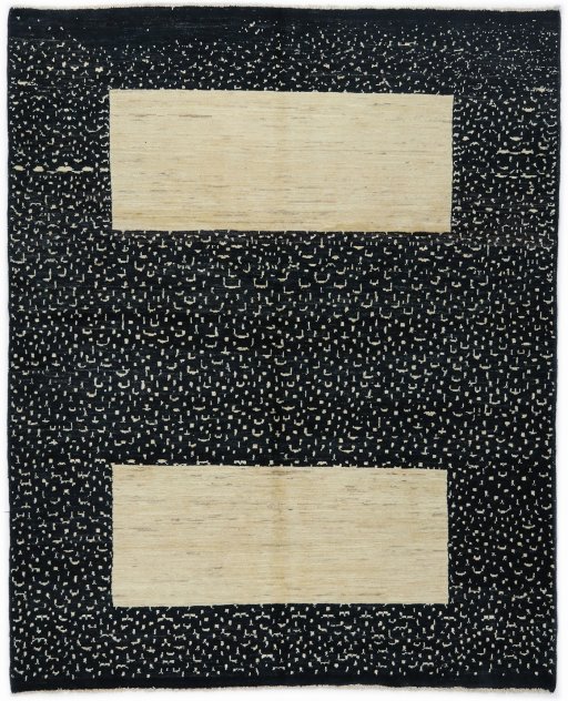 Full view of New Gabbeh Loribaft rug from Afghanistan, 198 × 157 cm in Black tones