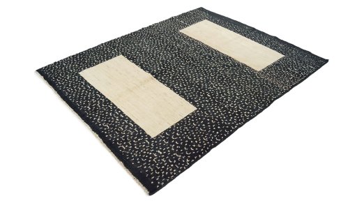 Corner detail of New Gabbeh Loribaft rug showing border pattern and Wool pile
