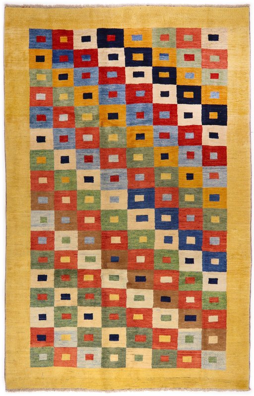 Full view of New Persian Gabbeh rug from Iran / Persia, 328 × 206 cm in Multi Color tones