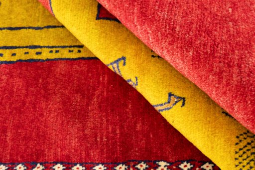 Close-up detail of New Persian Gabbeh rug from Iran / Persia showing Wool weave