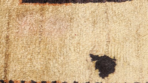 Corner detail of 1920s Persian Gabbeh rug showing border pattern and Wool pile