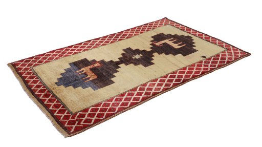 Close-up detail of 1920s Persian Gabbeh rug from Iran / Persia showing Wool weave