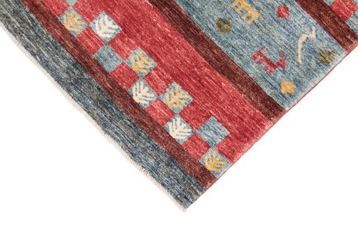 Backside of handmade New Gabbeh Loribaft rug showing knot structure and weave density