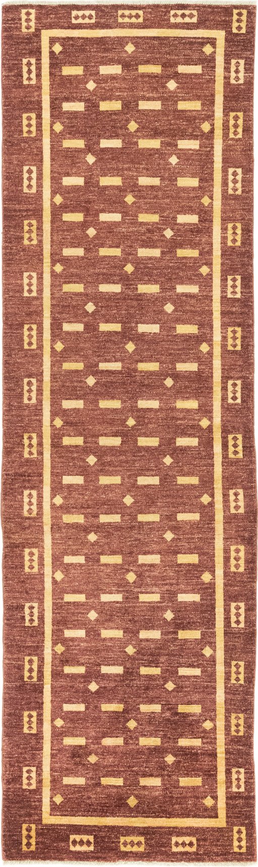 Full view of New Gabbeh Loribaft rug from Afghanistan, 300 × 89 cm in Dark red tones