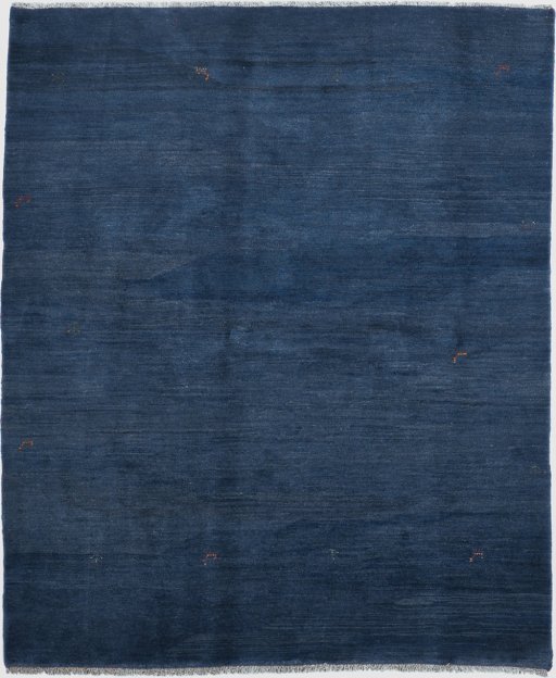 Full view of 1980s Persian Gabbeh rug from Iran / Persia, 246 × 206 cm in Dark blue tones