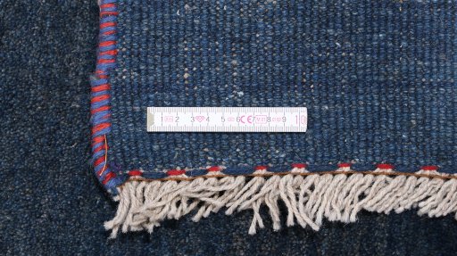 Full view of 1980s Persian Gabbeh rug from Iran / Persia, 246 × 206 cm in Dark blue tones