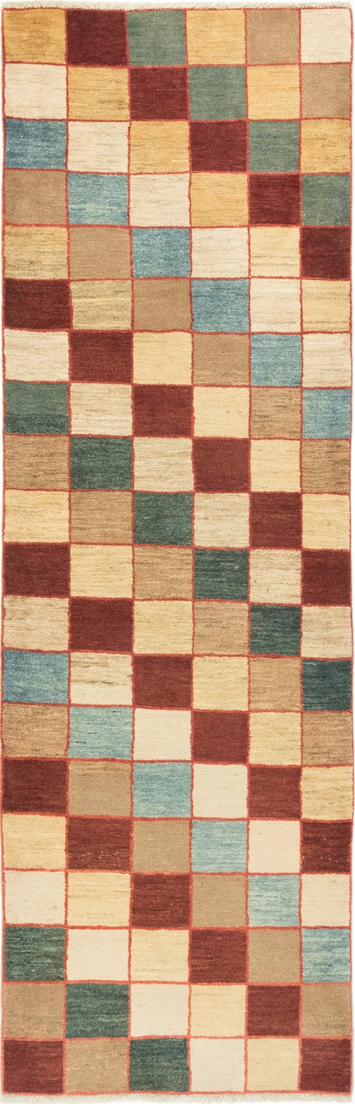 Full view of New Persian Gabbeh rug from Iran / Persia, 302 × 97 cm in Multi Color tones