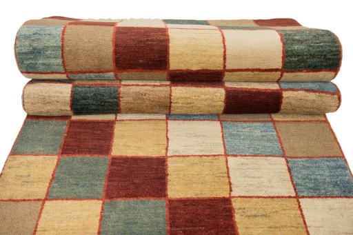 Full view of New Persian Gabbeh rug from Iran / Persia, 302 × 97 cm in Multi Color tones
