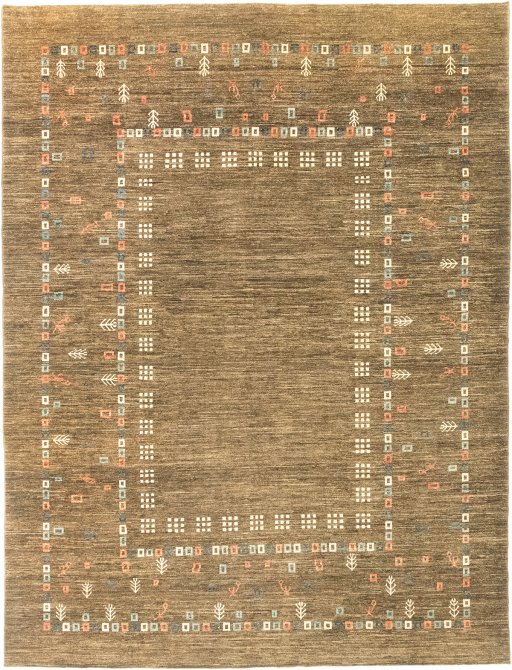 Full view of 1980s Persian Gabbeh rug from Afghanistan, 361 × 277 cm in Brown tones