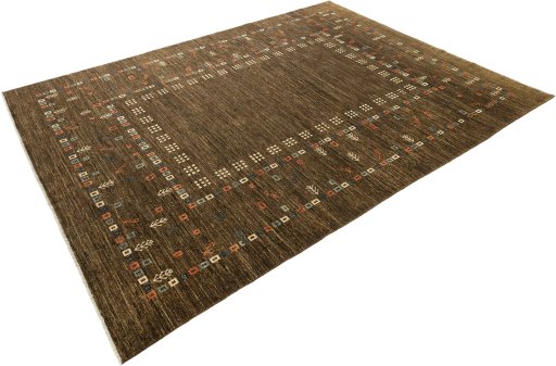 Corner detail of 1980s Persian Gabbeh rug showing border pattern and Wool pile
