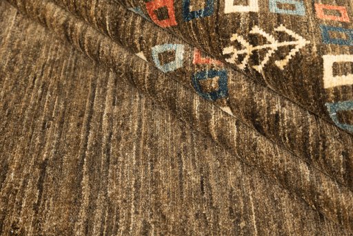 Close-up detail of 1980s Persian Gabbeh rug from Afghanistan showing Wool weave