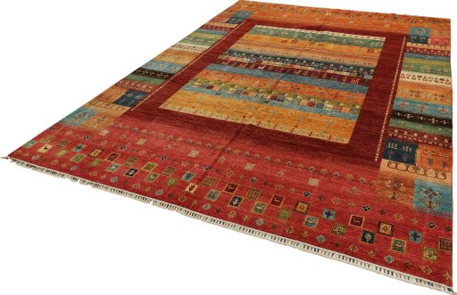 Corner detail of New Persian Gabbeh rug showing border pattern and Wool pile