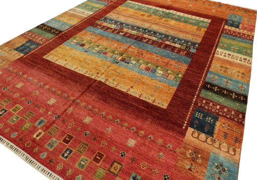 Backside of handmade New Persian Gabbeh rug showing knot structure and weave density