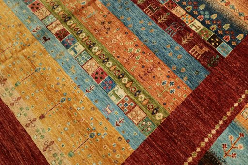 Full view of New Persian Gabbeh rug from Pakistan, 366 × 274 cm in Red tones