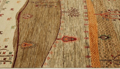 Corner detail of New Persian Gabbeh rug showing border pattern and Wool pile