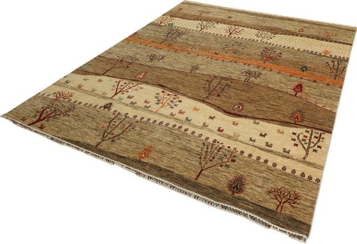 Corner detail of New Persian Gabbeh rug showing border pattern and Wool pile