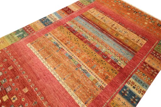 Full view of New Persian Gabbeh rug from Pakistan, 300 × 208 cm in Red tones