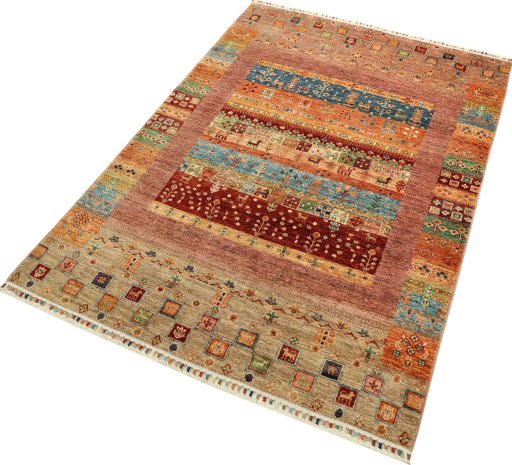Corner detail of New Persian Gabbeh rug showing border pattern and Wool pile