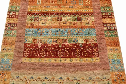 Backside of handmade New Persian Gabbeh rug showing knot structure and weave density