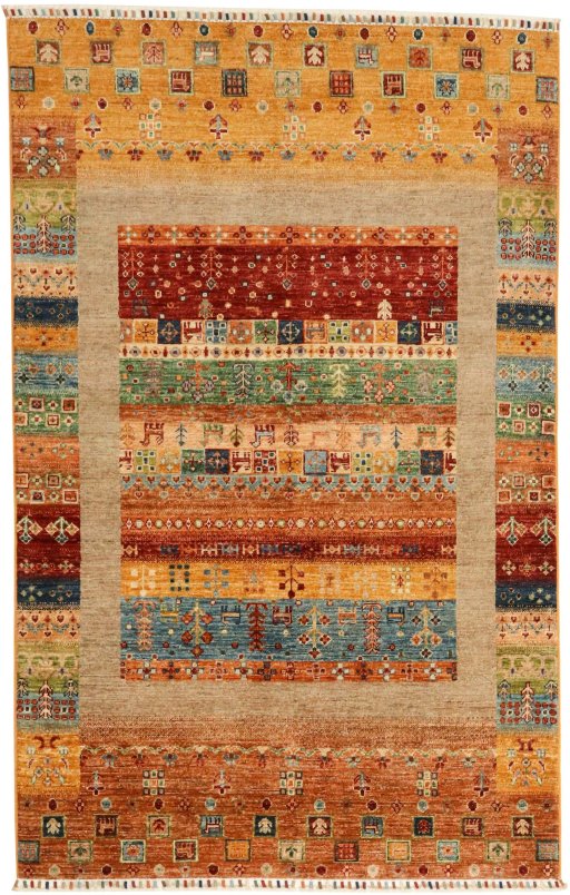 Full view of New Persian Gabbeh rug from Pakistan, 193 × 122 cm in Multi Color tones