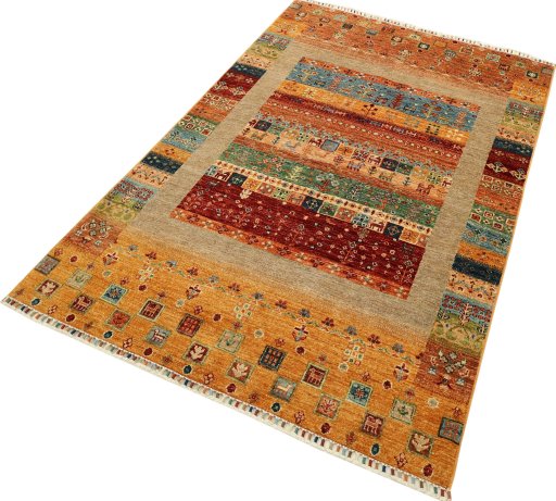 Corner detail of New Persian Gabbeh rug showing border pattern and Wool pile