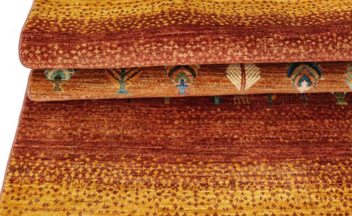 Corner detail of New Persian Gabbeh rug showing border pattern and Wool pile