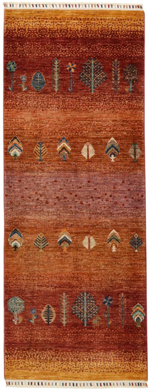 Full view of New Persian Gabbeh rug from Pakistan, 197 × 75 cm in Red tones