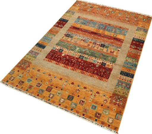 Corner detail of New Persian Gabbeh rug showing border pattern and Wool pile