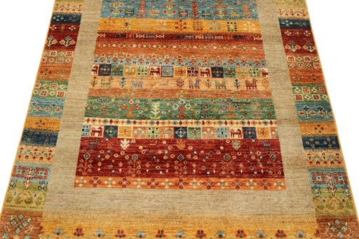 Backside of handmade New Persian Gabbeh rug showing knot structure and weave density