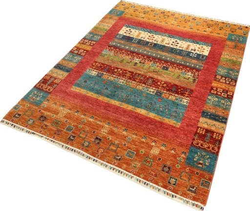 Corner detail of New Persian Gabbeh rug showing border pattern and Wool pile