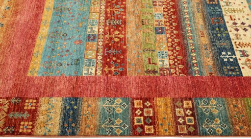 Full view of New Persian Gabbeh rug from Pakistan, 199 × 156 cm in Red tones