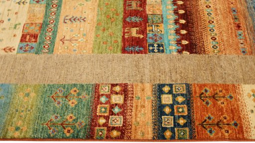 Full view of New Persian Gabbeh rug from Pakistan, 255 × 167 cm in Multi Color tones