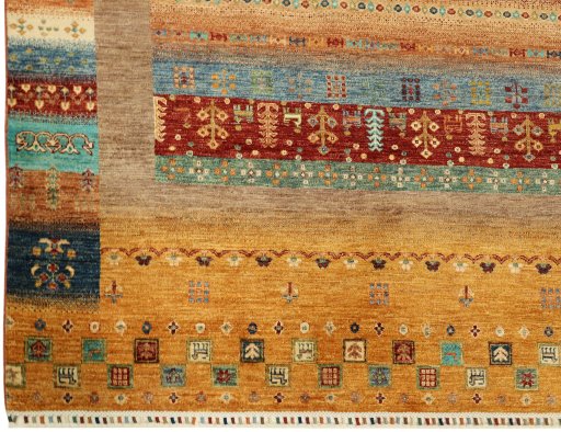 Corner detail of New Persian Gabbeh rug showing border pattern and Wool pile