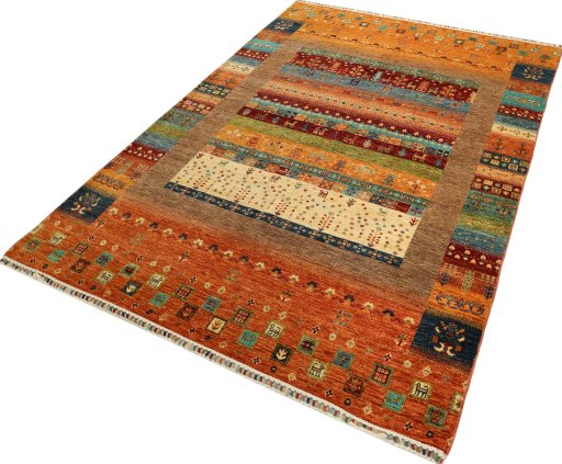 Corner detail of New Persian Gabbeh rug showing border pattern and Wool pile
