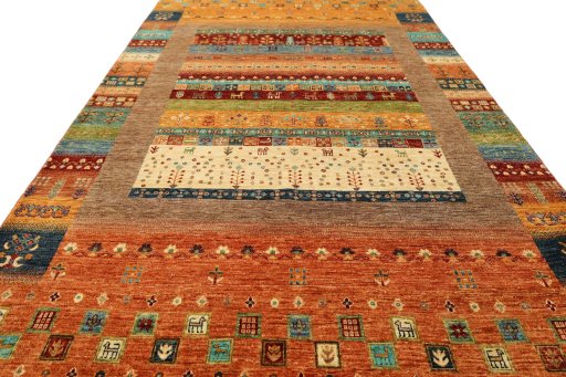 Backside of handmade New Persian Gabbeh rug showing knot structure and weave density