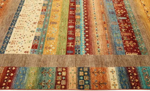 Full view of New Persian Gabbeh rug from Pakistan, 240 × 168 cm in Multi Color tones